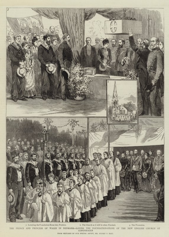 O Príncipe e Princesa de Gales, na Dinamarca, que estabelece a pedra fundamental da nova igreja inglesa em Copenhague de Sydney Prior Hall