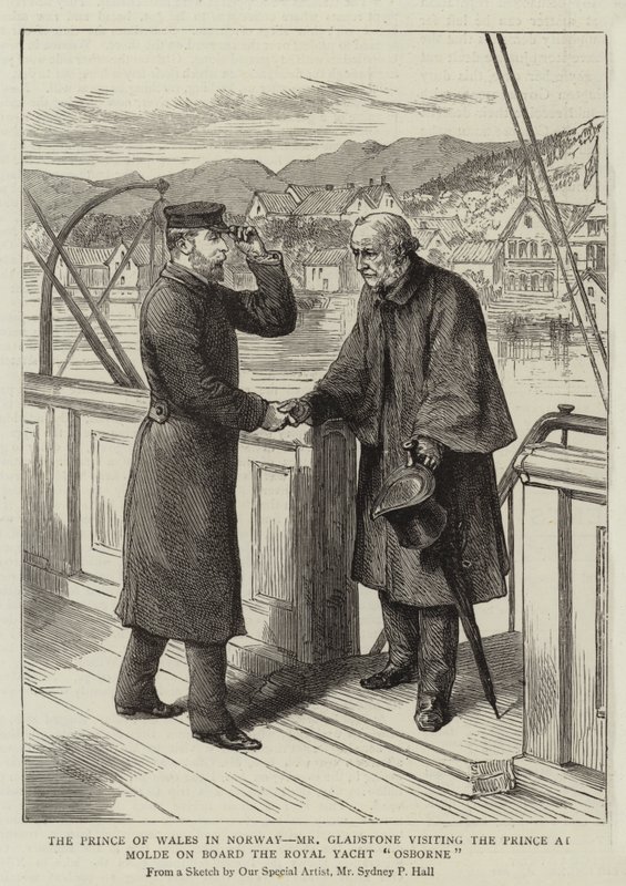 O Príncipe de Gales, na Noruega, o Sr. Gladstone visitar o Príncipe no Molde a bordo do Royal Yacht Osborne de Sydney Prior Hall