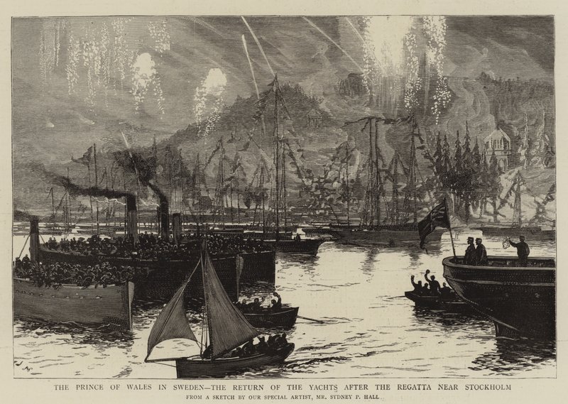 O Príncipe de Gales, na Suécia, o retorno dos iates após a regata perto de Estocolmo de Sydney Prior Hall
