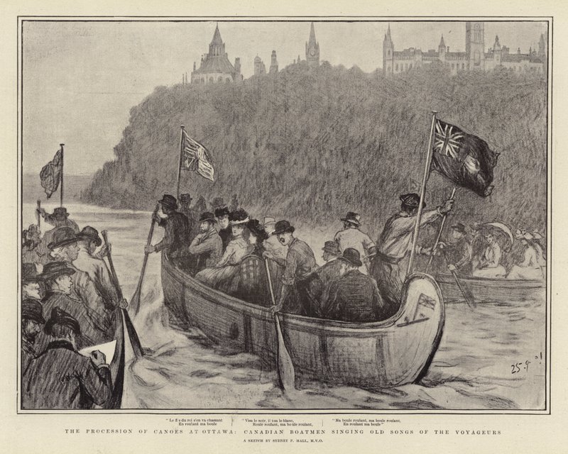 A procissão de canoas em Ottawa, barqueiros canadenses cantando velhas canções dos Voyageurs de Sydney Prior Hall