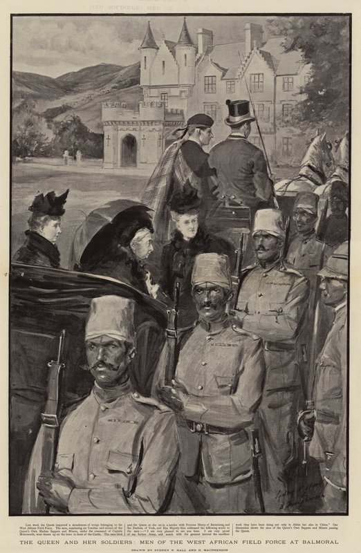 A rainha e seus soldados, homens da força de campo da África Ocidental em Balmoral de Sydney Prior Hall