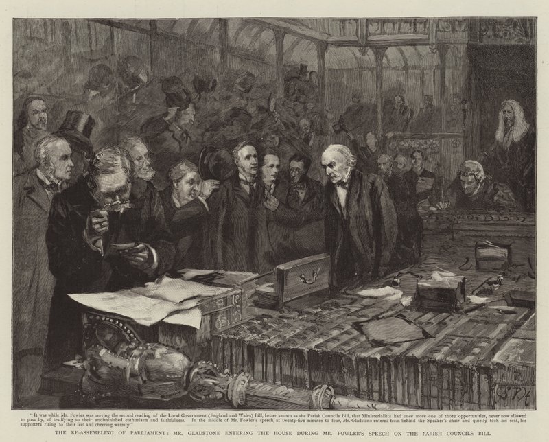 A Re-Assembléia do Parlamento, Sr. Gladstone entrando na Câmara durante o Discurso de Fowler sobre a Lei dos Conselhos Paroquiais de Sydney Prior Hall