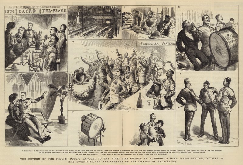 O Retorno das Tropas, Banquete Público para os Guardas da Primeira Vida em Humphrey&39;s Hall, Knightsbridge, 25 de outubro, o Vigésimo Oitavo Aniversário da Carga de Balaclava de Sydney Prior Hall