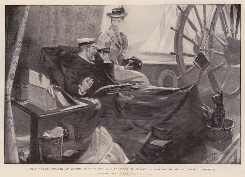 The Royal Invalid em Cowes, o Príncipe e Princesa de Gales a bordo do Royal Yacht Osborne de Sydney Prior Hall