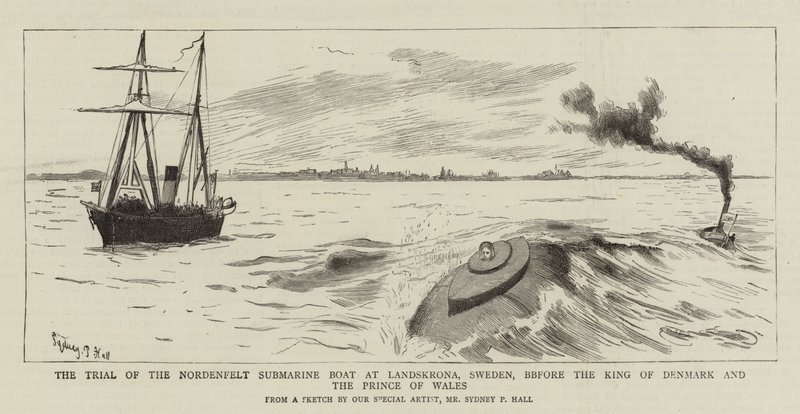 O Julgamento do Barco Submarino Nordenfelt em Landskrona, Suécia, perante o Rei da Dinamarca e o Príncipe de Gales de Sydney Prior Hall