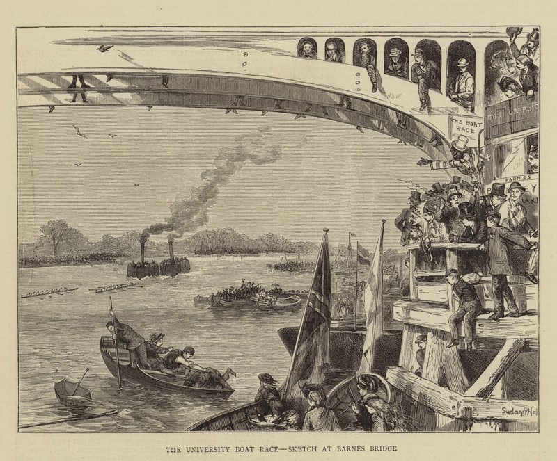 A corrida de barco da Universidade, Sketch na ponte de Barnes de Sydney Prior Hall