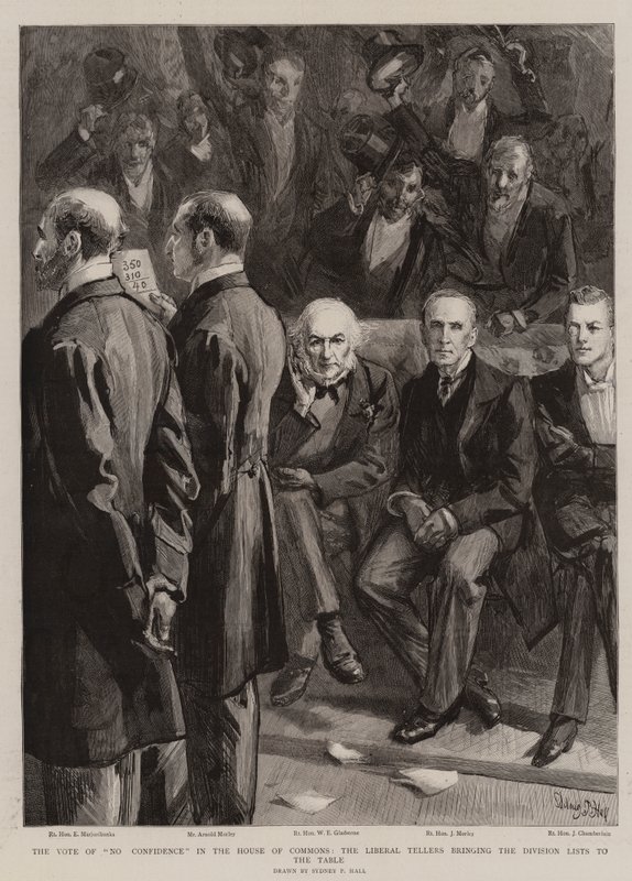 O Voto da Não-Confiança na Câmara dos Comuns, os Contadores Liberais trazendo as Listas da Divisão para a Mesa de Sydney Prior Hall