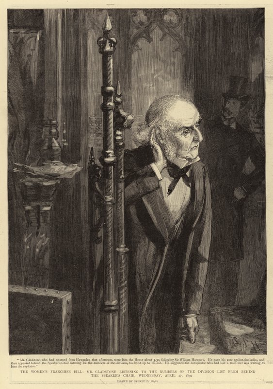 A Lei de Franquia das Mulheres, Sr. Gladstone, ouvindo a Lista de Números da Divisão atrás do Presidente do Palestrante, quarta-feira, 27 de abril de 1892 de Sydney Prior Hall