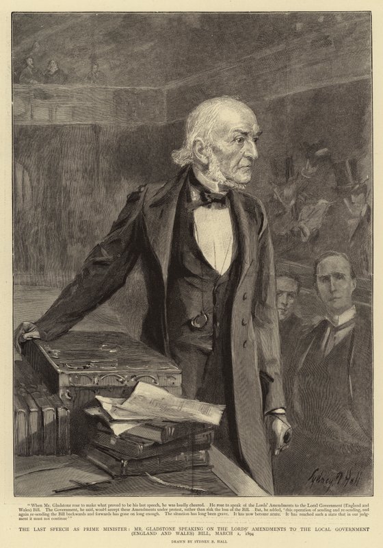 O último discurso como Primeiro Ministro, o Sr. Gladstone falando sobre as Emendas dos Lordes ao Governo Local (Inglaterra e País de Gales) Projeto de lei, 1 de março de 1894 de Sydney Prior Hall