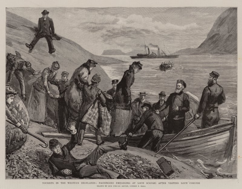 Turistas nas terras altas ocidentais, passageiros que embarcam em Loch Scavaig após ter visitado Loch Coruisk de Sydney Prior Hall