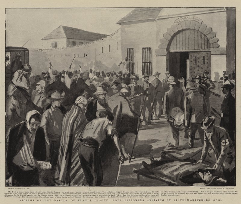 Vítimas da Batalha de Elands Laagte, Boer Prisioneiros chegando em Pietermaritzburg Gaol de Sydney Prior Hall