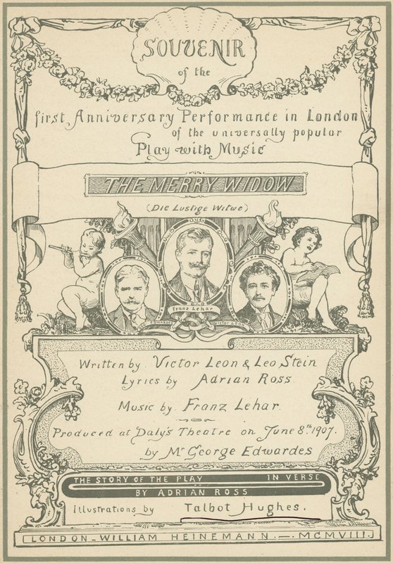 Página de Lembrança do Primeiro Aniversário do espectáculo em Londres de The Merry Widow (cor litho) de Talbot Hughes