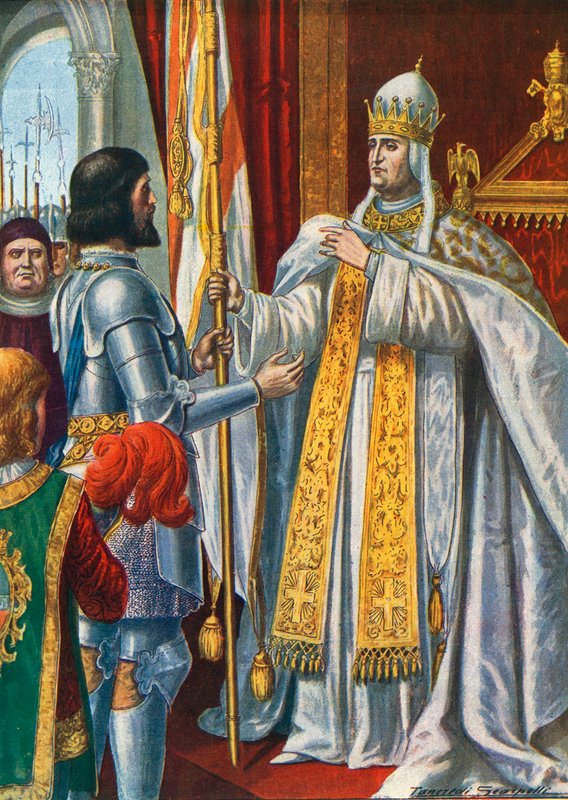 Alberico da Barbiano recebe uma bandeira do Papa Urbano VI dizendo "Itália libertada dos bárbaros", 1379 de Tancredi Scarpelli