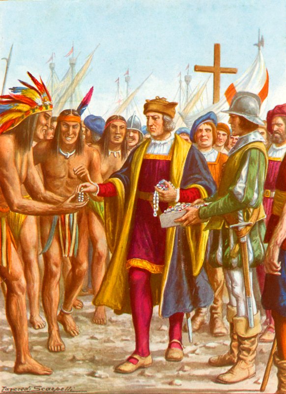 Columbus embarcando em San Salvador distribuindo contas etc para os nativos de Tancredi Scarpelli