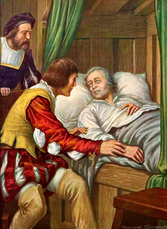 Cristóvão Colombo se recuperando da doença para encontrar seu irmão ao lado da cama de Tancredi Scarpelli