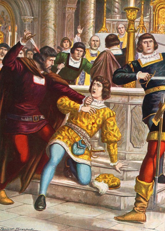Morte de Giuliano de &39;Medici no Duomo, Florença em 1478. A Conspiração Pazzi de Tancredi Scarpelli