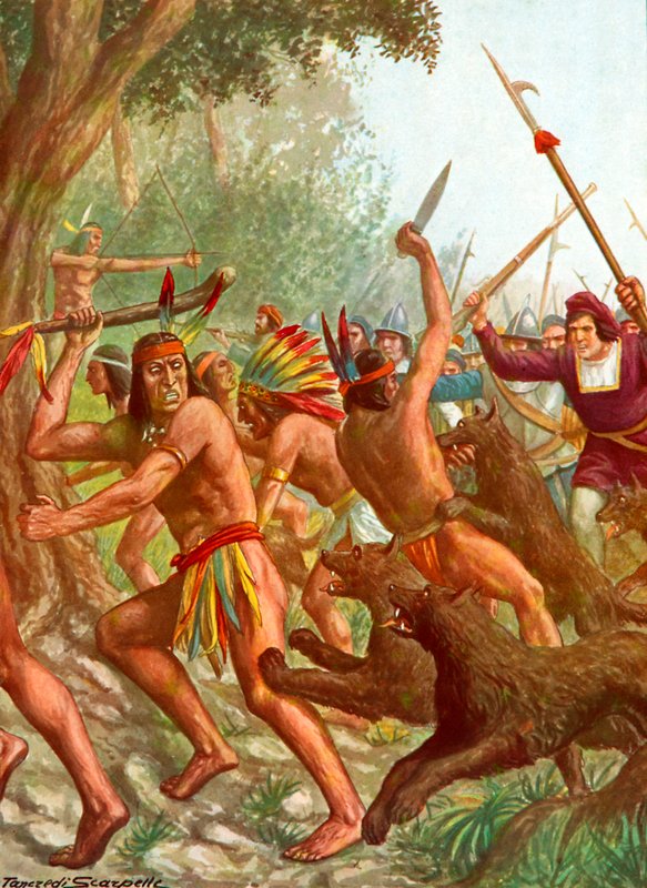 Índios sendo perseguidos por cães usados pelos espanhóis em batalha de Tancredi Scarpelli