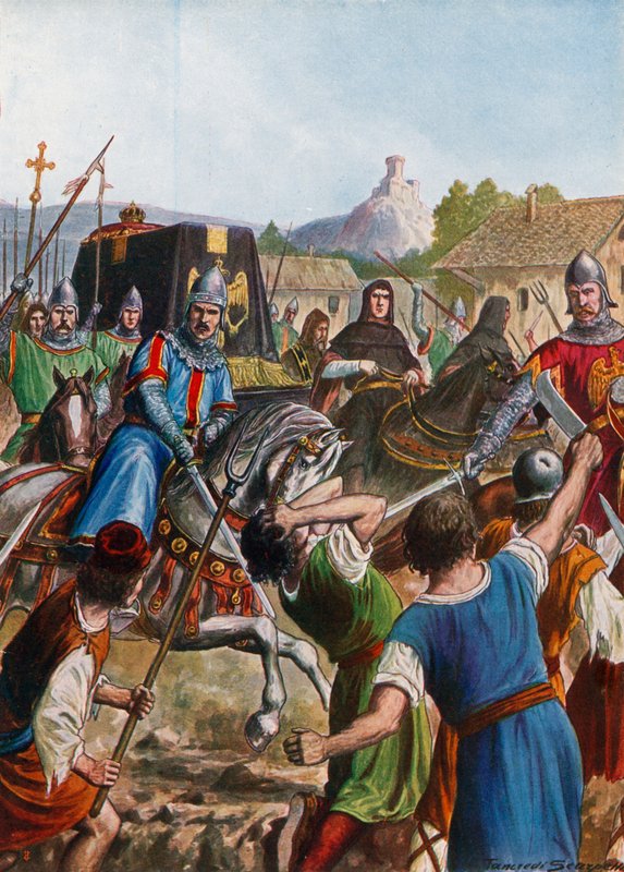 O caixão de Otto II, Sacro Imperador Romano, passando por multidões de italianos em revolta de Tancredi Scarpelli