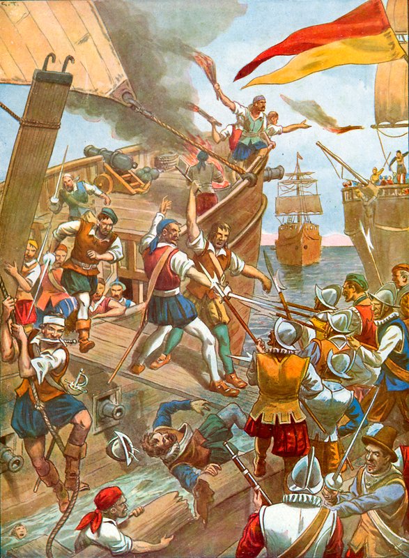 O navio San Gabriele da frota de Loayse sendo atacado por três navios franceses de Tancredi Scarpelli