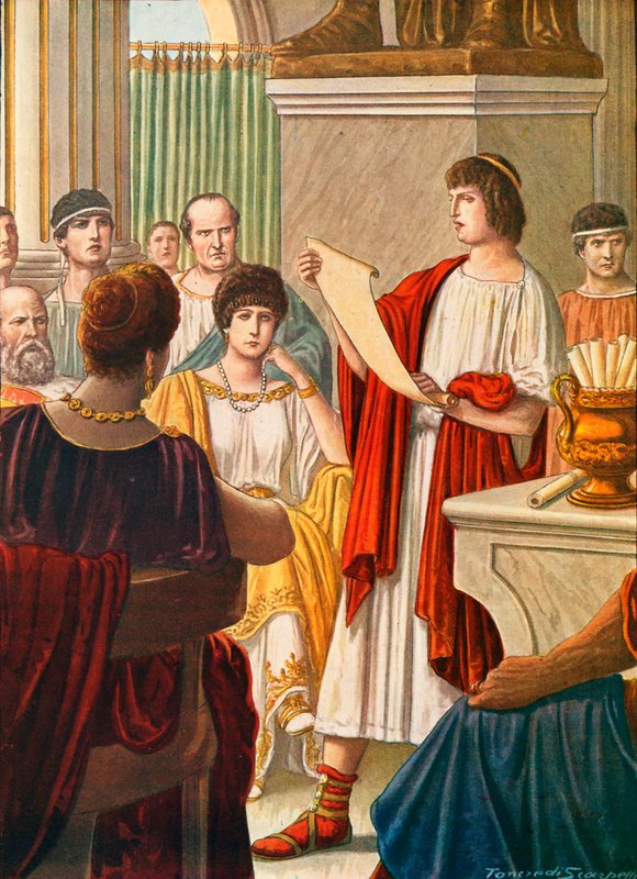 Virgil lendo seus poemas para Augustus com Octavia presente de Tancredi Scarpelli