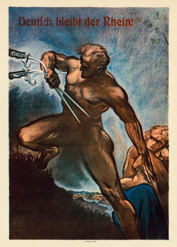 O Reno continua a ser alemão! Cartaz de propaganda contra a ocupação de partes da Alemanha Ocidental pelos Aliados após a Primeira Guerra Mundial de Theo Matejko