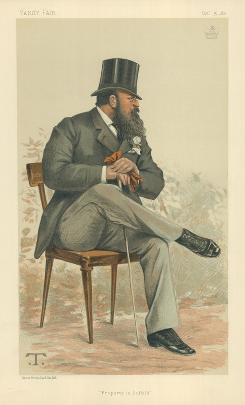 Lord Rendlesham, propriedade em Suffolk, 15 de outubro de 1881, cartoon Vanity Fair de Theobald Chartran