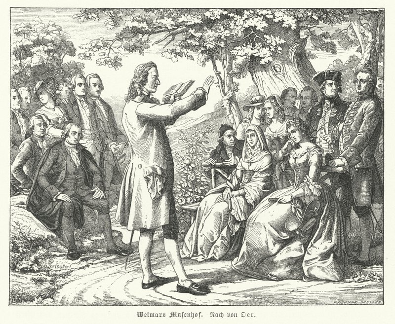 O Tribunal das Musas de Weimar: O poeta e dramaturgo alemão Friedrich Schiller lendo no Schloss Tiefurt, com Christoph Martin Wieland, Johann Wolfgang Goethe e Johann Gottfried Herder entre os ouvintes (gravura) de Theobald Reinhold von Oer