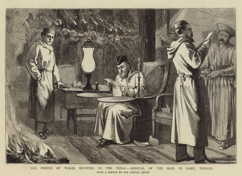 O Príncipe de Gales caçando no Terai, Chegada do Correio no Acampamento, Nepaul de Theodore Blake Wirgman
