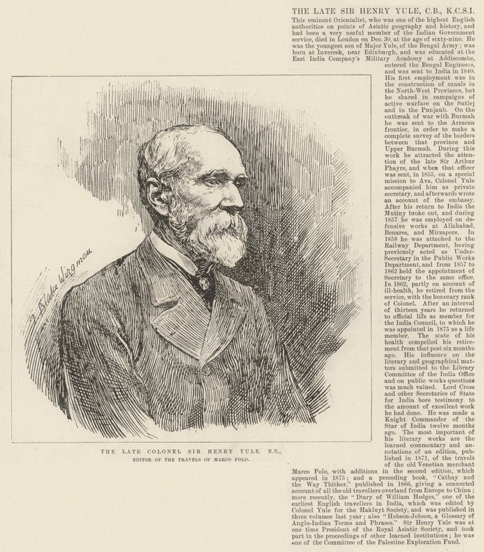 O falecido coronel Sir Henry Yule, RE, editor de The Travels of Marco Polo de Theodore Blake Wirgman