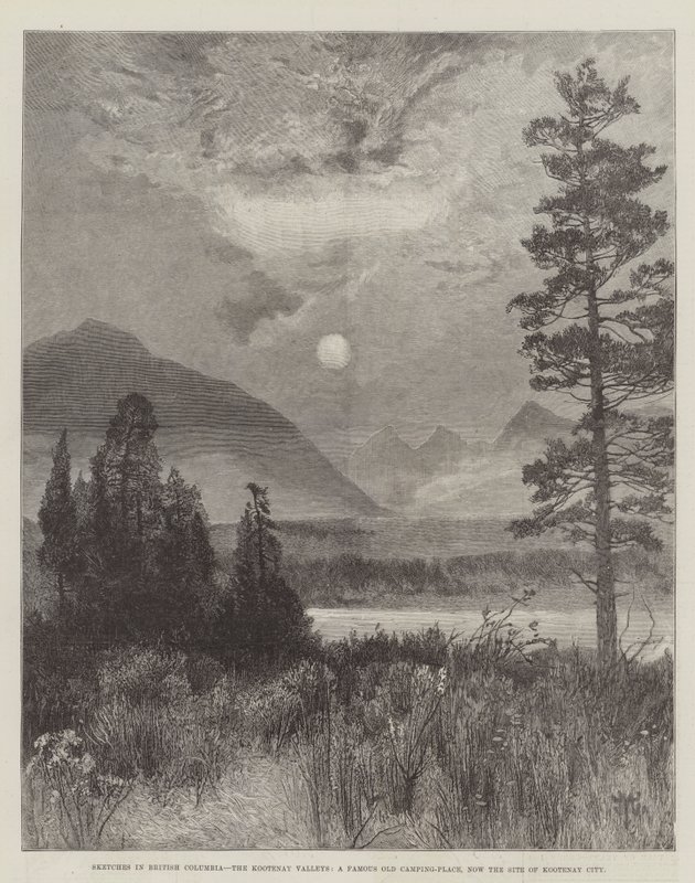 Esboços na Colúmbia Britânica, nos Vales Kootenay, um famoso parque de campismo antigo, agora o local da cidade de Kootenay de Thomas Moran
