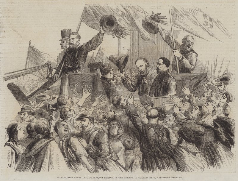 A entrada de Garibaldi em Nápoles, no Sketch in the Street of Toledo de Thomas Nast