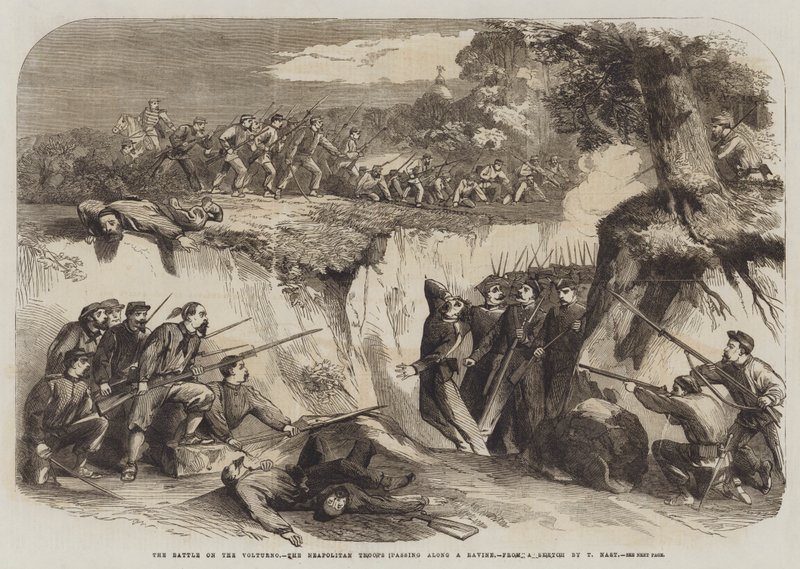 A Batalha no Volturno, as tropas napolitanas passando ao longo de um ravina de Thomas Nast
