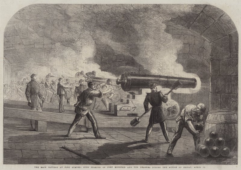 A bateria principal em Fort Sumter, armas em Fort Moultrie e o canal durante a ação de sexta-feira, 12 de abril de Thomas Nast