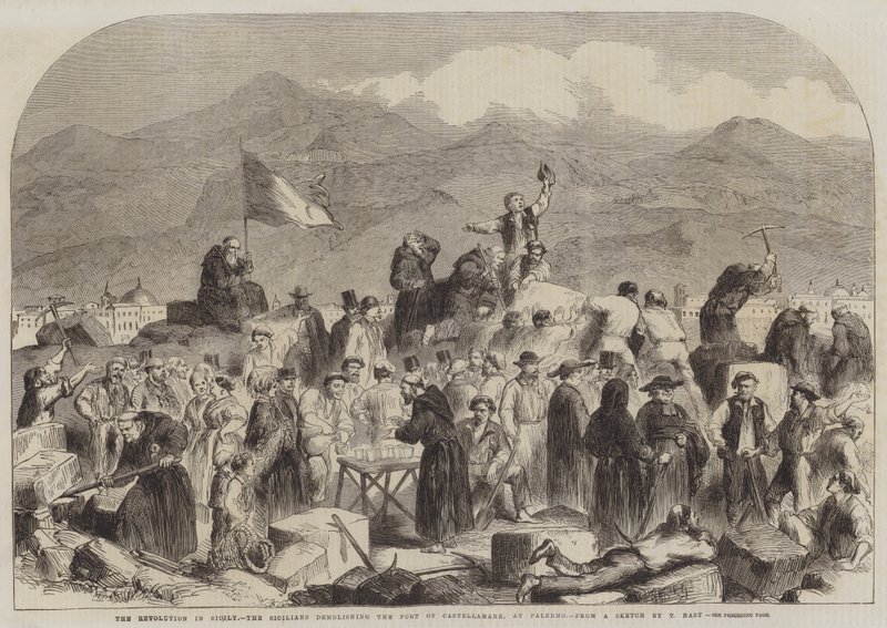 A Revolução na Sicília, os sicilianos demolindo o Forte de Castellamare, em Palermo de Thomas Nast