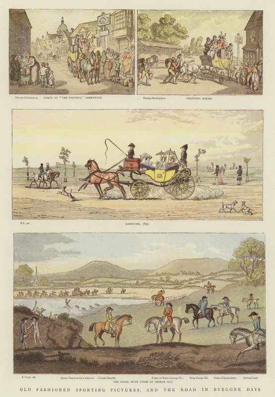 Fotos esportivas à moda antiga e a estrada nos dias de Byegone (cromolitro) de Thomas Rowlandson