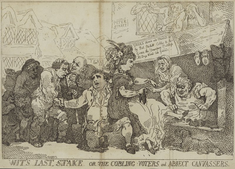 A última estaca de Wit ou os eleitores em apuros e os abjetos colportores de Thomas Rowlandson