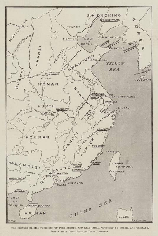 A Crise Chinesa, Posições de Port Arthur e Kiau-Chiau, ocupadas pela Rússia e Alemanha, com Nomes de Portos e Cidades do Tratado sublinhados de Thomas Sulman