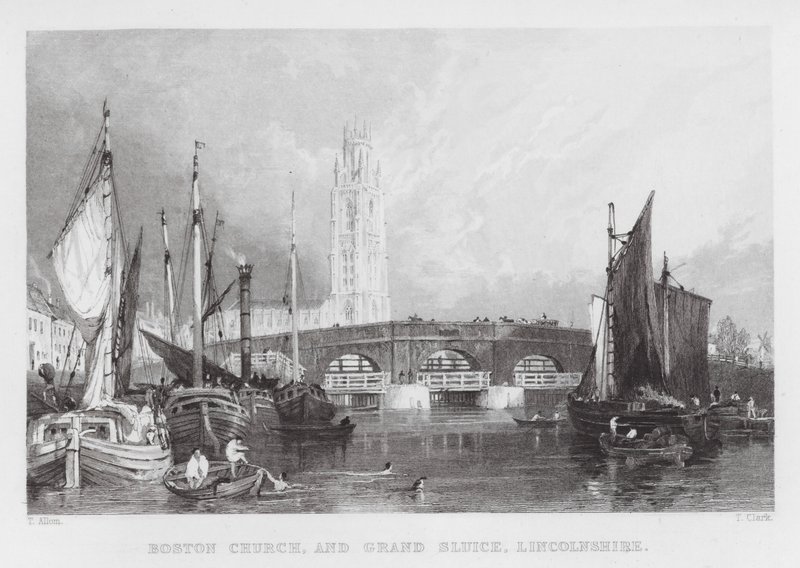 Igreja de Boston, e Grand Sluice, Lincolnshire (gravura) de Thomas (after) Allom
