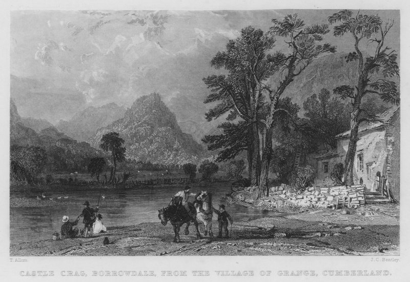 Castelo Crag, Borrowdale, da Vila de Grange, Cumberland (gravura) de Thomas (after) Allom