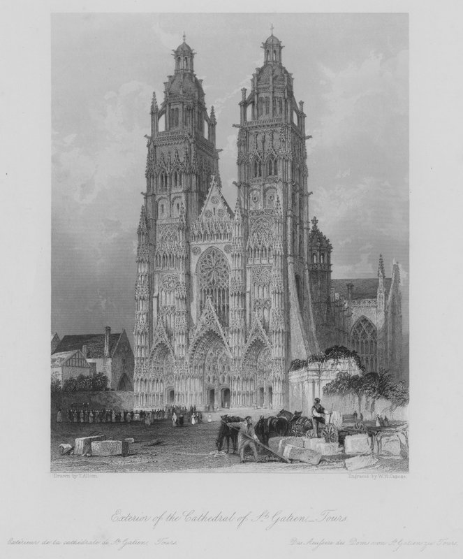 Exterior da Catedral de St Gatien, Tours (gravura) de Thomas (after) Allom