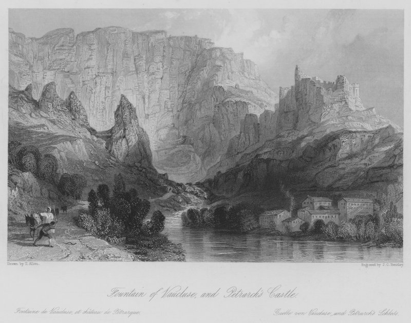Fonte de Vaucluse, e Castelo de Petrarca (gravura) de Thomas (after) Allom