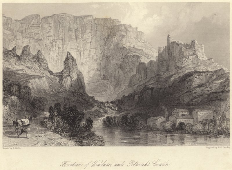 Fonte de Vaucluse, e Castelo de Petrarca (gravura) de Thomas (after) Allom
