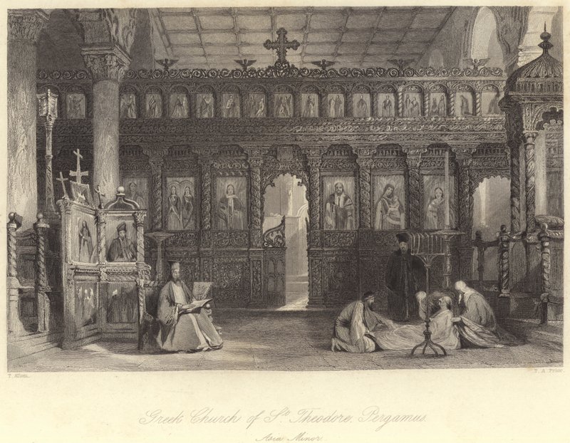 Igreja Grega de São Teodoro, Pergamus, Ásia Menor (gravura) de Thomas (after) Allom