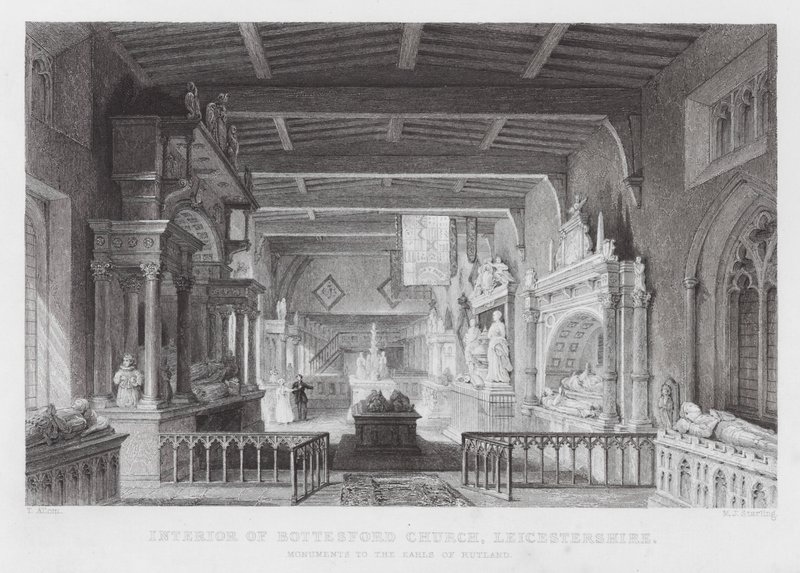 Interior da Igreja de Bottesford, Leicestershire, Monumentos aos Condes de Rutland (gravura) de Thomas (after) Allom