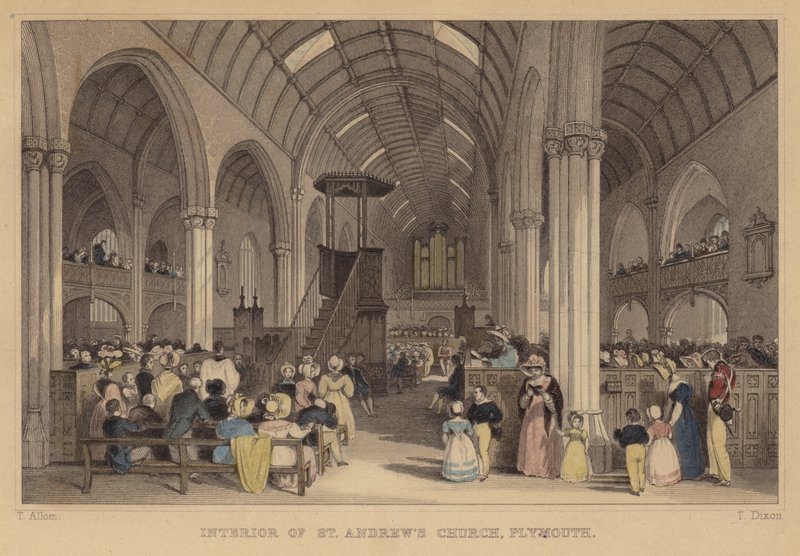 Interior da Igreja de Santo André, Plymouth, Devon (gravura colorida) de Thomas (after) Allom