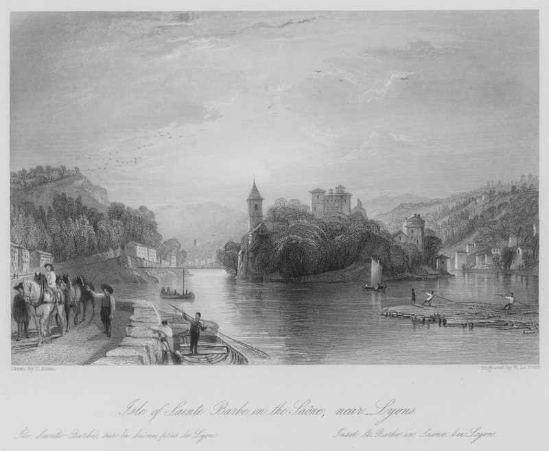 Ilha de Sainte Barbe no Saone, perto de Lyon (gravura) de Thomas (after) Allom