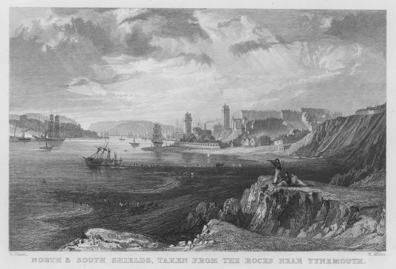 Escudos Norte e Sul, tirados das rochas perto de Tynemouth (gravura) de Thomas (after) Allom