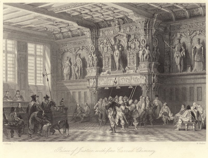 Palácio da Justiça, com chaminé esculpida fina, Bruges (gravura) de Thomas (after) Allom