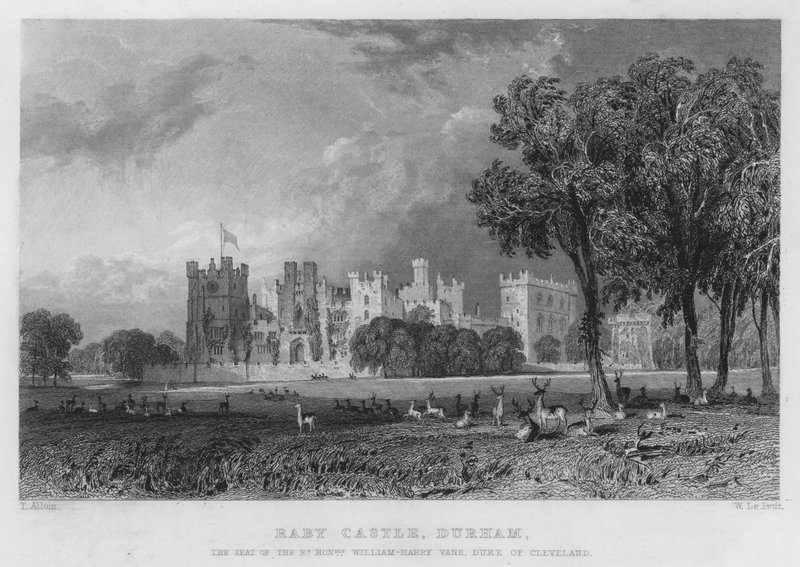 Raby Castle, Durham, a sede de William-Harry Vane, Duque de Cleveland (gravura) de Thomas (after) Allom