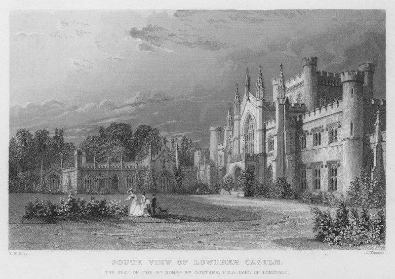 Vista Sul do Castelo de Lowther, a sede de William Lowther, Conde de Lonsdale (gravura) de Thomas (after) Allom
